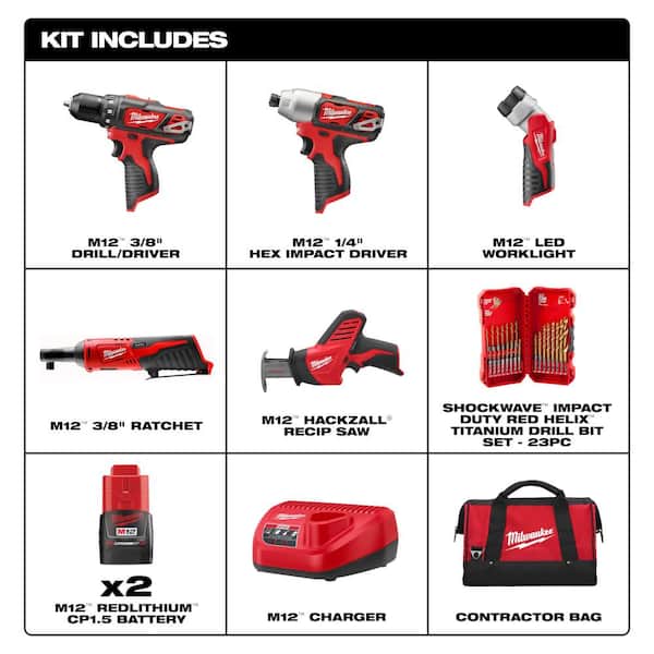 M12 12V Li-Ion Cordless Combo Kit (5-Tool) with Two 1.5Ah Batteries, Charger & Tool Bag with Twist Drill Bit Set (23-Pc)