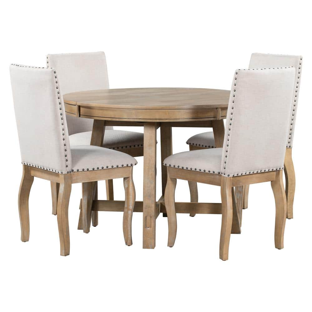 5-Piece Natural Wood Wash Farmhouse Dining Table Set Wood