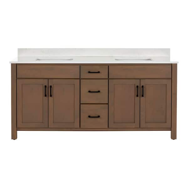 Kingham 73 in. Double Sink Driftwood Brown Freestanding Bath Vanity with Golden Carrara Quartz Top Assembled