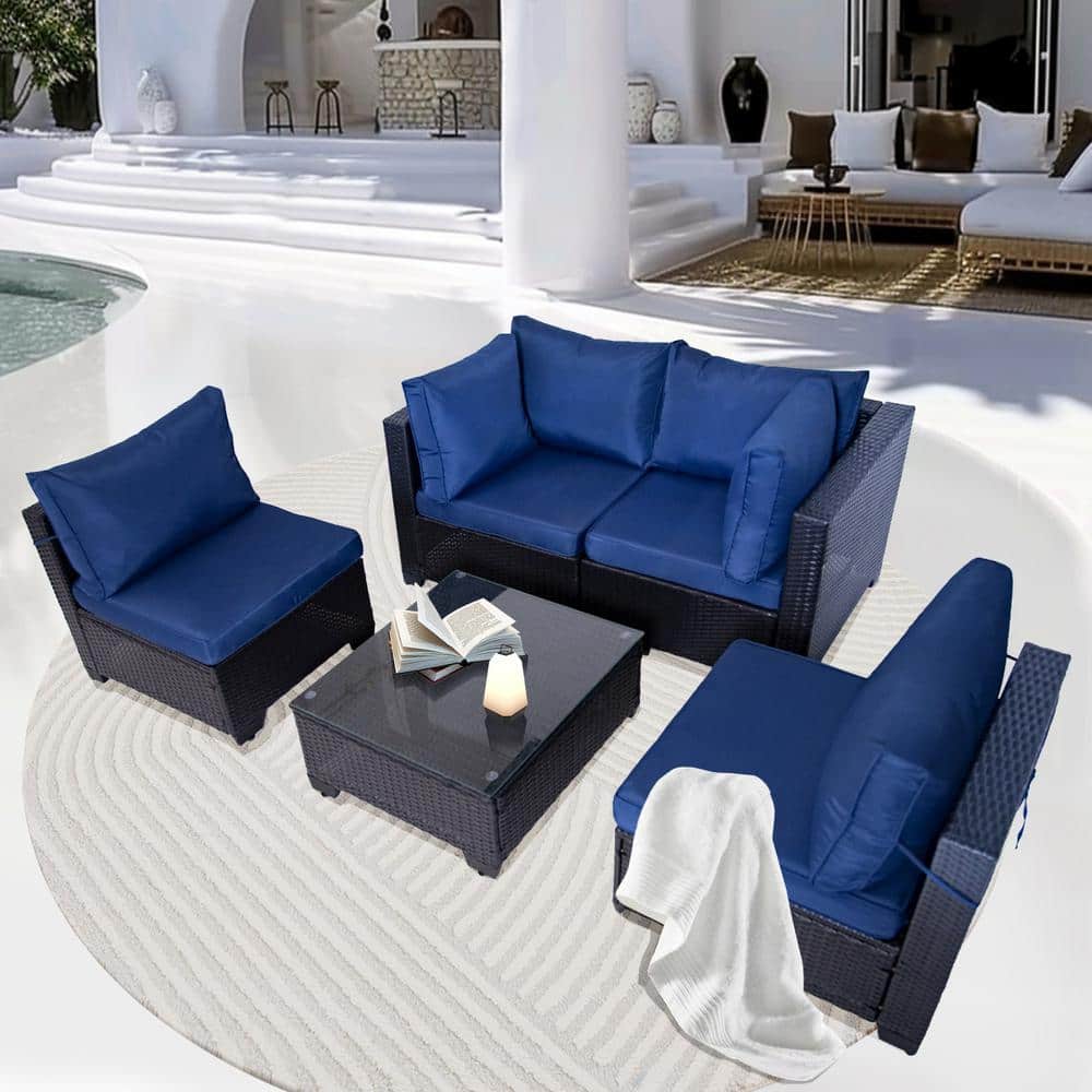 5-Piece Grey PE Rattan Wicker Outdoor Sectional Sofa Set with Blue Cushions