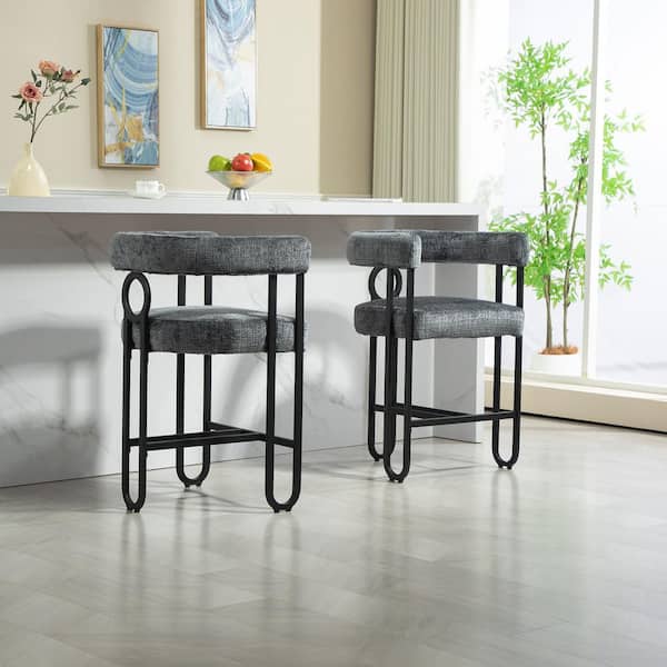 24 in. Modern Chenille 1-Seater Metal Frame Upholstered Arm Chair Bar Stool with Back in Gray