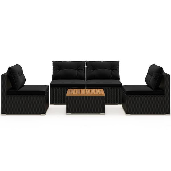 ANGELES HOME 5-Piece Wicker Outdoor Sectional Set with Solid Tabletop and So ft. Black Cushions