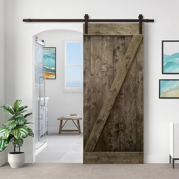 36 in. x 84 in. Z-Bar Dark Walnut Wood Sliding Barn Door with Sliding Door Hardware Kit