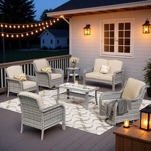 Miziisy Gray 7-Piece Wicker Patio Conversation Set with Beige Cushions and Swivel Chairs