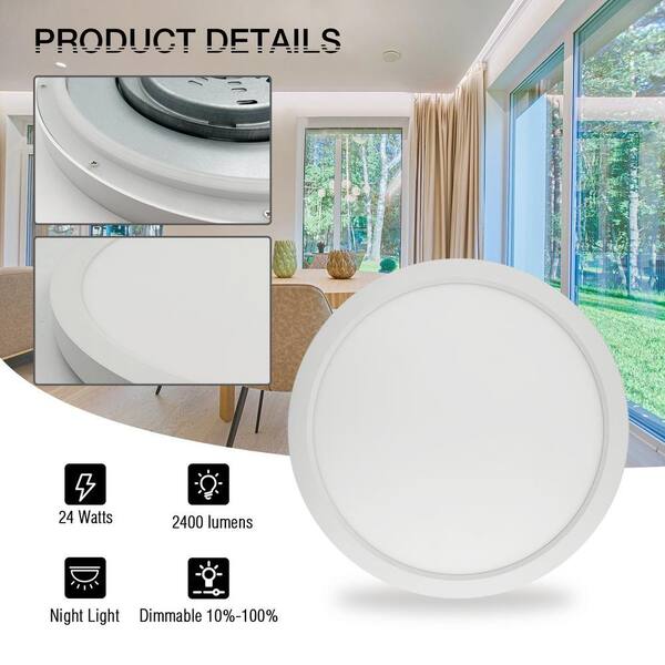 26 Inch LED Ceiling Light Fixture – 24W Dimmable Flush Mount, 3 Color Temps (3000K/4000K/6000K), Black Finish