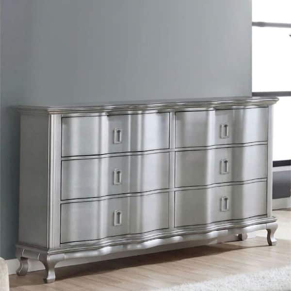 Ember Glam Style 6-Drawer 62 in. Silver Finish Dresser