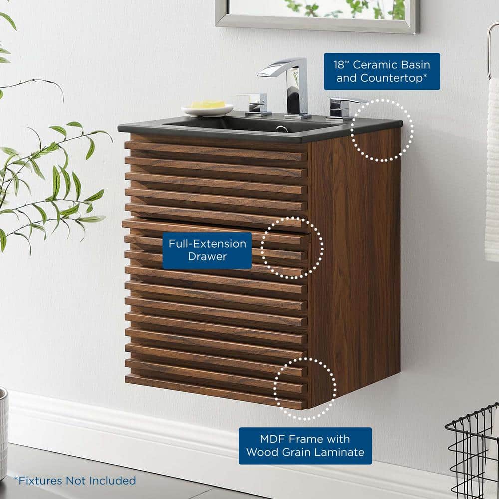 Render 18" Walnut Black Wall-Mount Bathroom Vanity with Ceramic Sink
