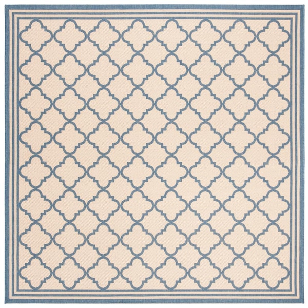 SAFAVIEH Beach House Cream/Blue 4 ft. x 4 ft. Border Trellis Indoor/Outdoor Patio  Square Area Rug