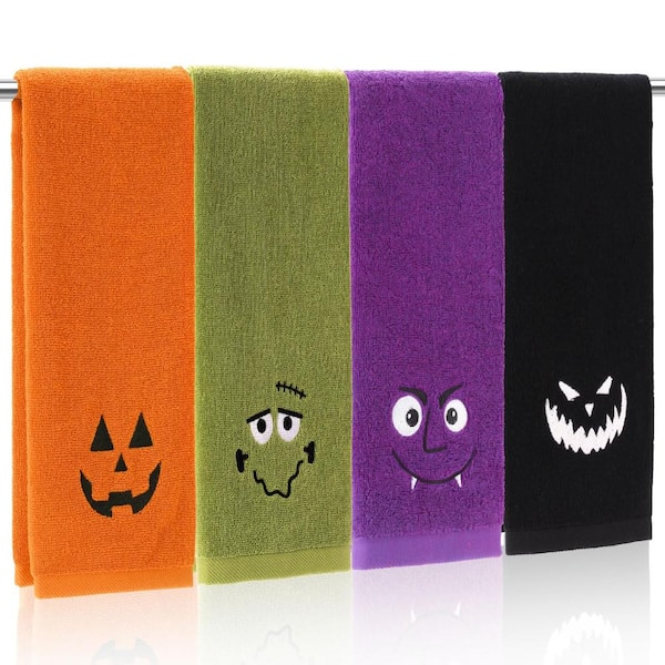 4-Pc Spooky Embroidered Cotton Hand Towels – Pumpkin & Monster