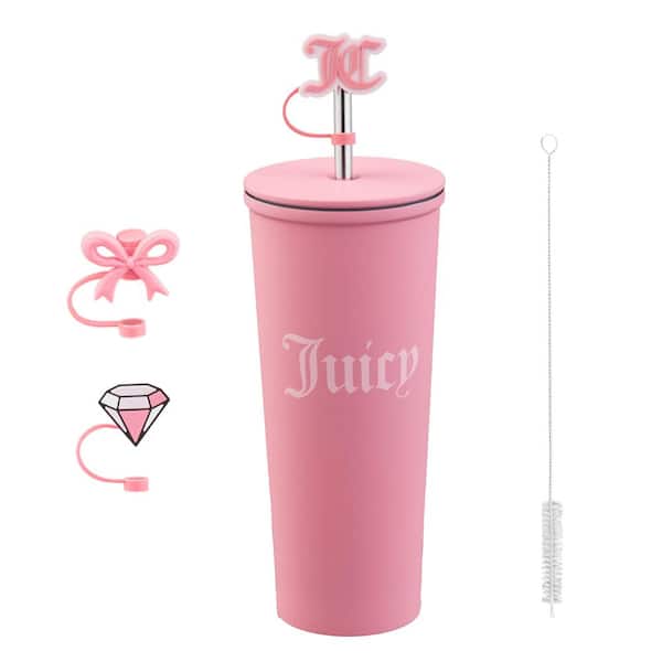 Couture Cup Set 24 oz. Hot Pink Stainless Steel Tumbler With Straw Toppers and Cleaning Brush