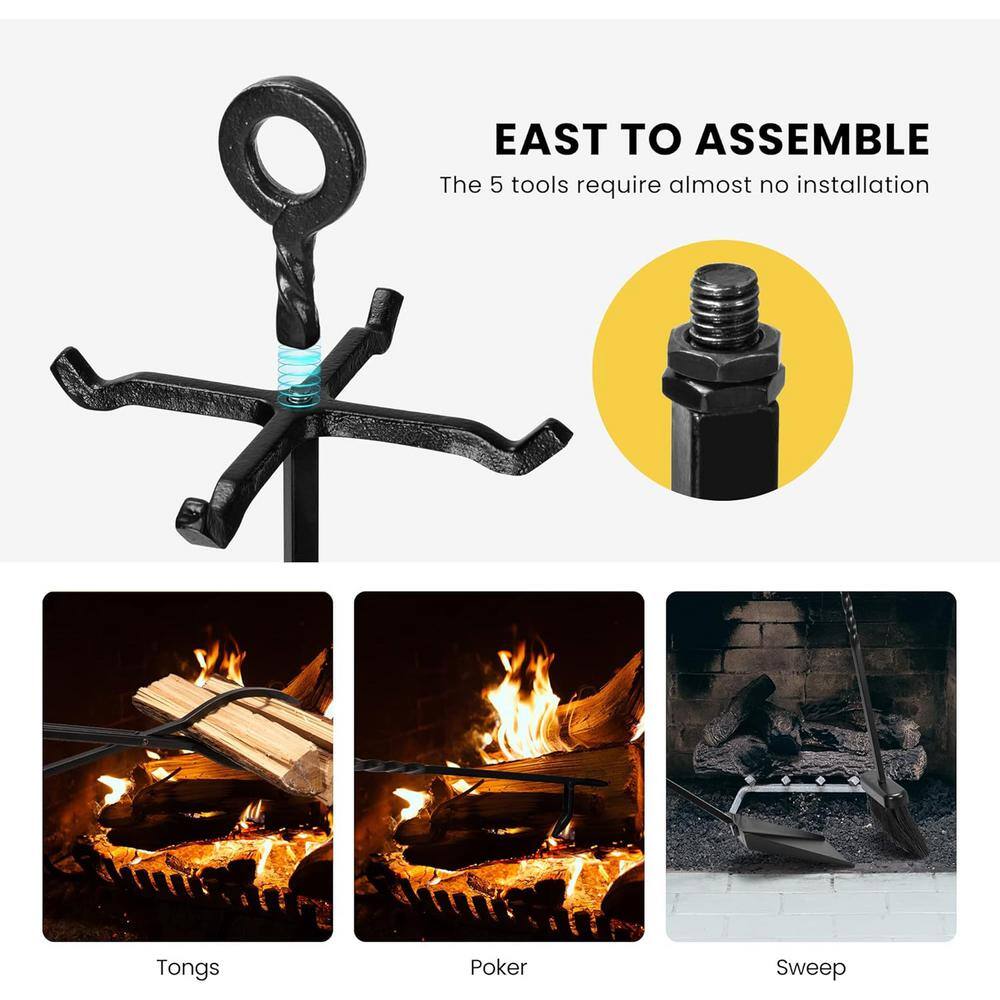 Modern Black Wrought Iron 5-Piece Fireplace Tool Set