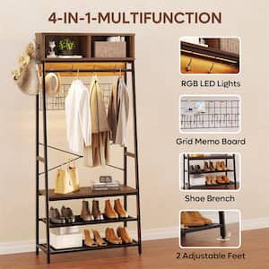 Walnut Multi-Functional Hall Tree and Coat Rack Combo with LED Light, Hook, Shoe Rack and Bench