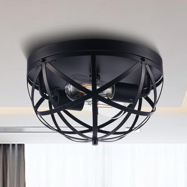 12 in. 2-Light Matte Black Caged Geometric Flush Mount