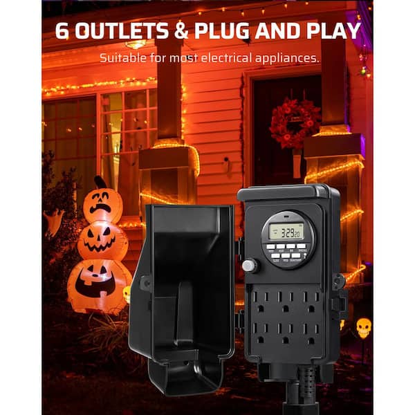 Outdoor Digital Power Strip Timer, Waterproof 6 Outlet Socket with 6 ft. Cord for Garden Lights and Decorations