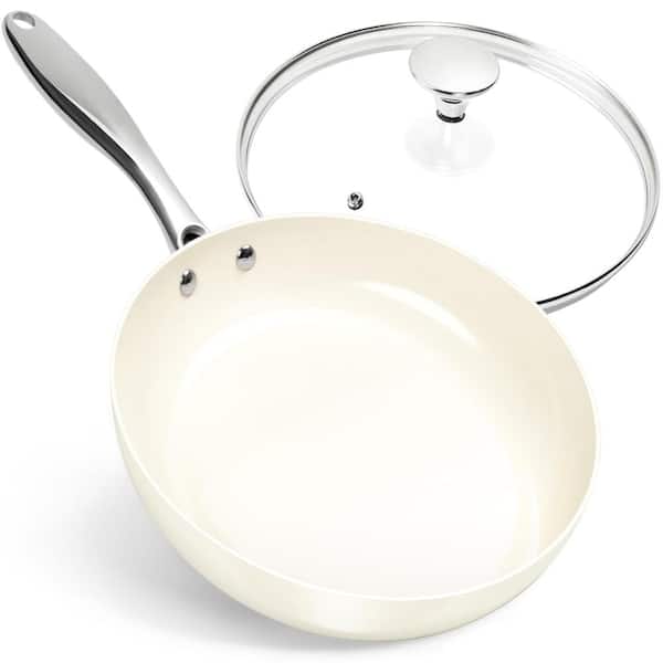 10 in. White Ceramic Nonstick Aluminum Skillet with Glass Lid, PFAS PFOA Free, Induction Compatible Pan