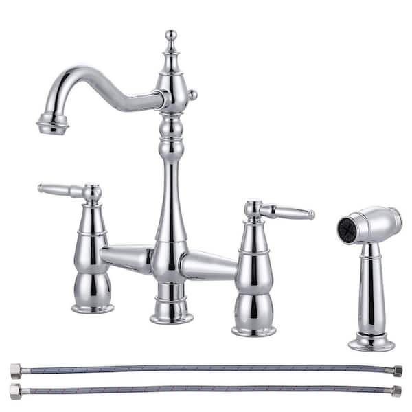 Brass Double Handle Bridge Kitchen Faucet with Side Sprayer in Polished Chrome