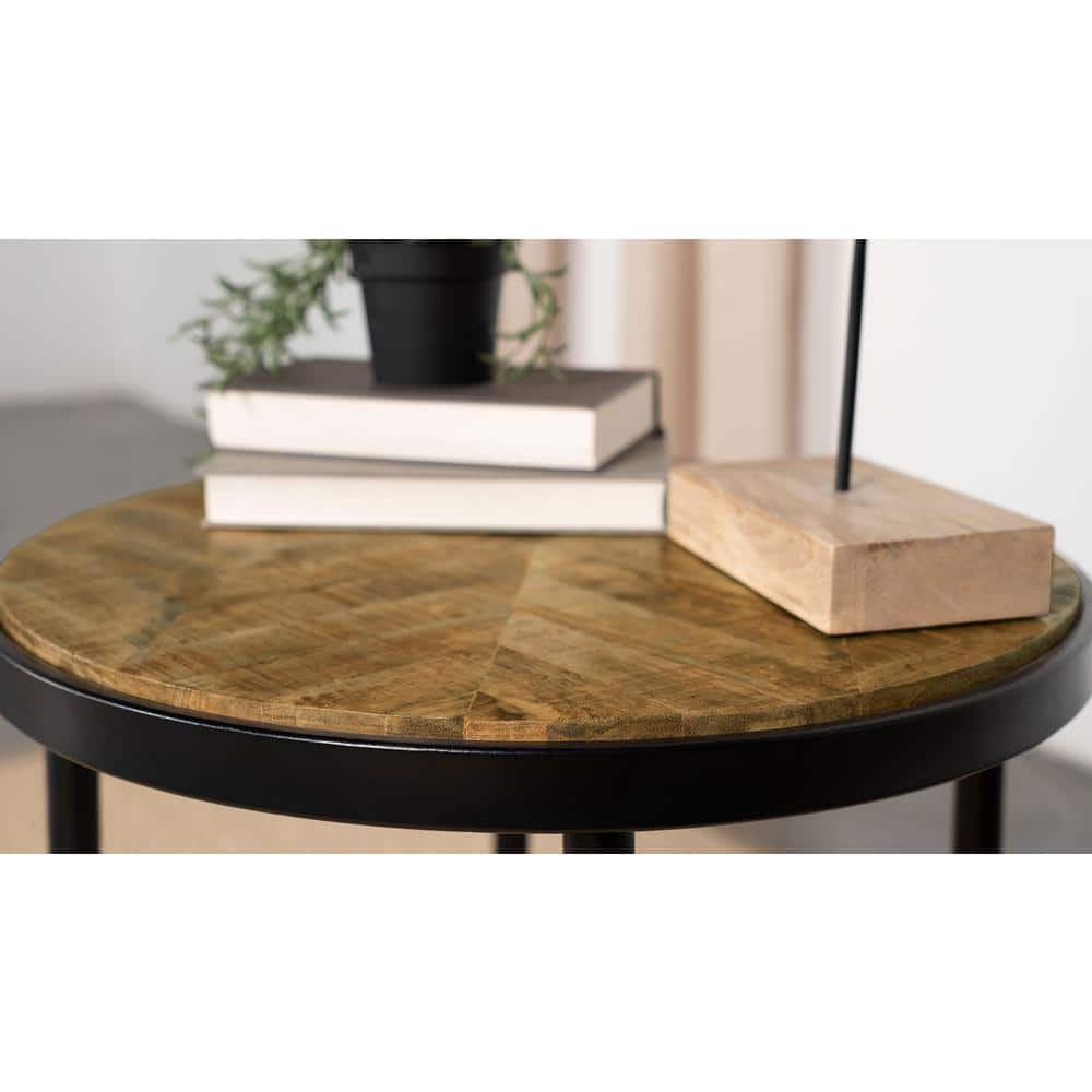 Rustic Round Mango Wood and Black Metal Side Table