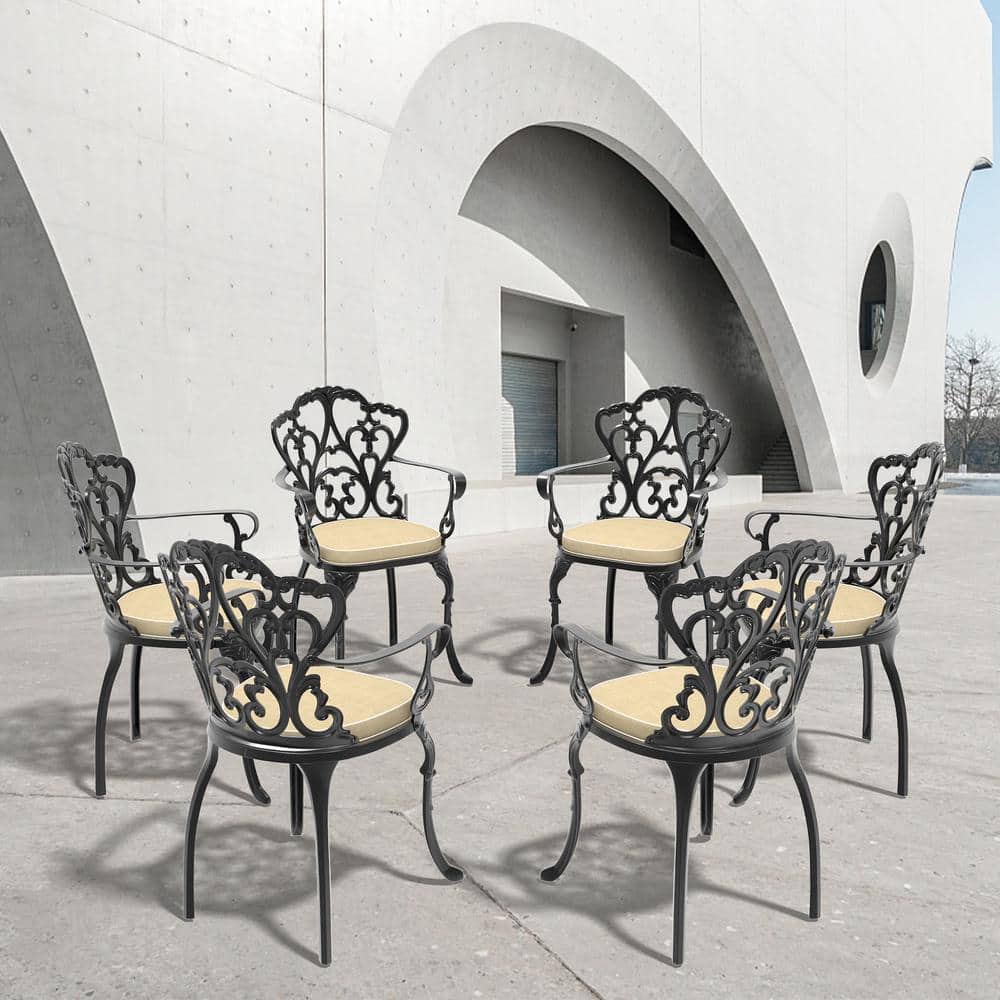 6-Piece Metal Cast Aluminum Outdoor Patio Dining Chairs, Black Frame, With 