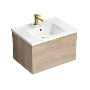 Bodrum 25.59 in. W x 17.72 in. D x 16.14 in. H Modern Bathroom Vanity in Brown Oak With White Ceramic Top