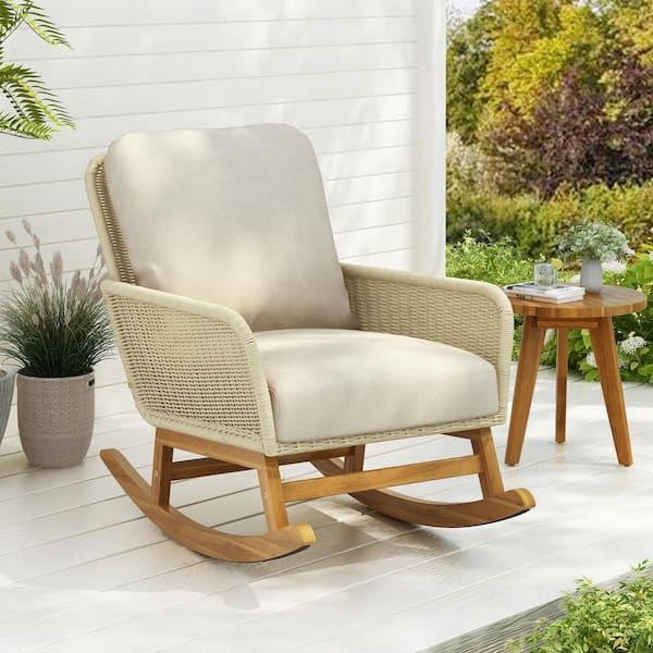 Unbranded Ivory Wood Outdoor Rocking Chair with White Cushions