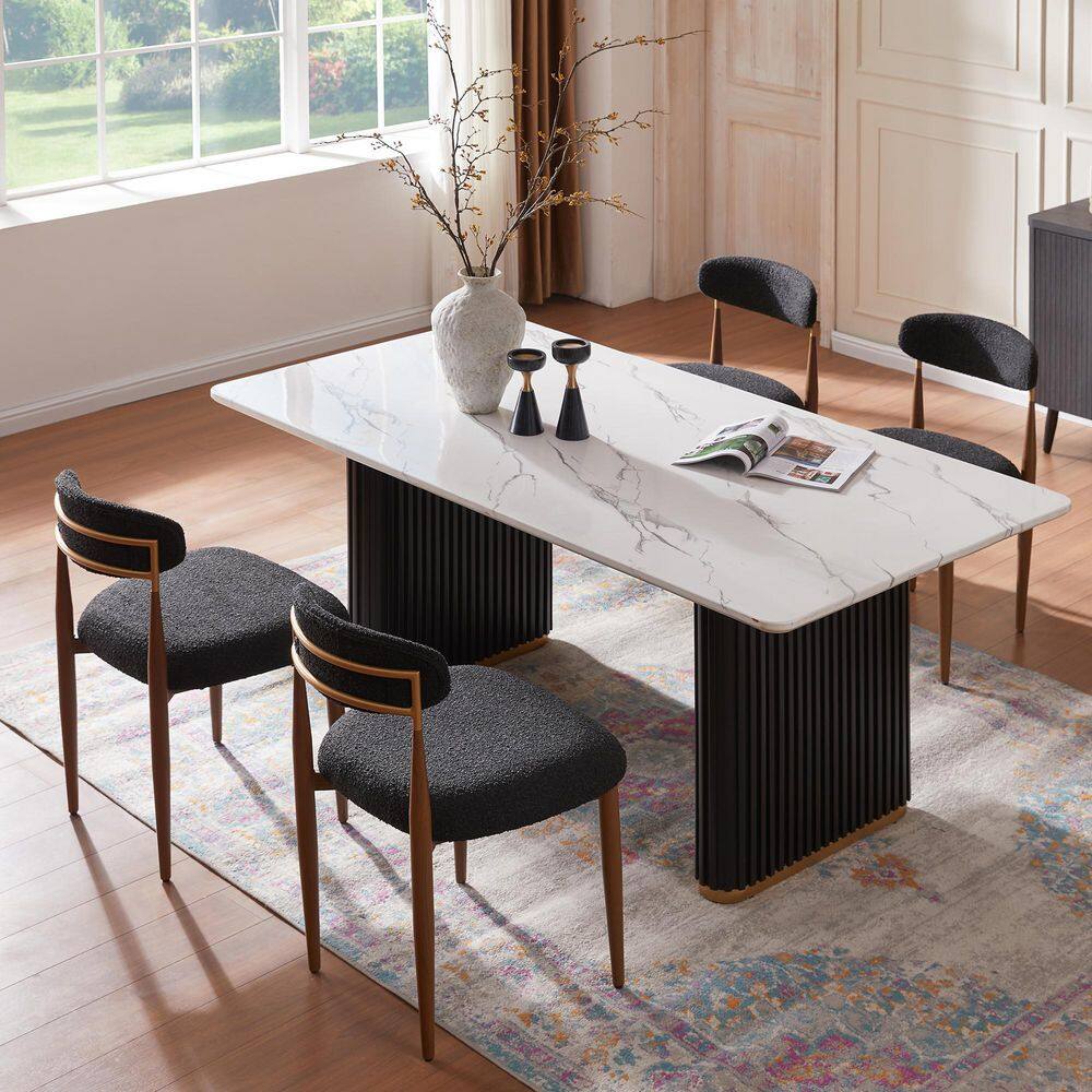 Modern 5-Piece Faux Marble Dining Table with Boucle Chairs Armless in Black Wood Grain Dining Room Set for Kitchen price history on PriceWatchPro