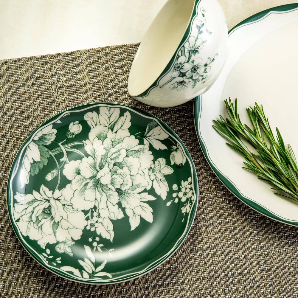 Sage and White Porcelain 12-Piece Dinnerware Set for 4