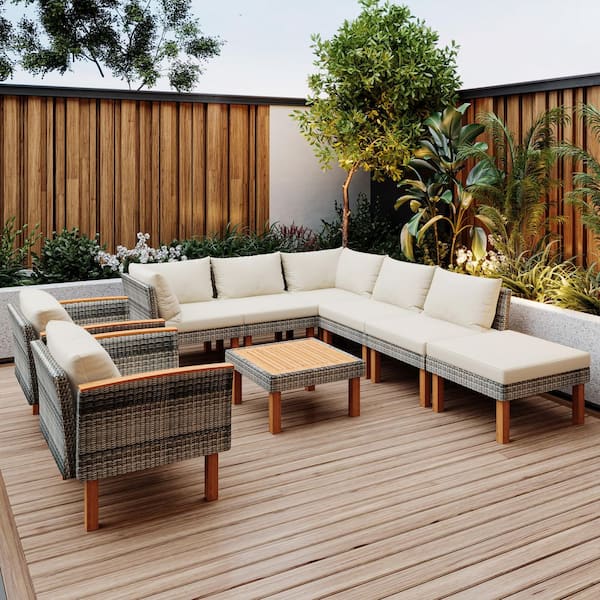 9-Piece Brown Wicker Outdoor Sectional Set with Beige Cushions