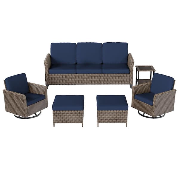 INMITOM 6-Piece Wicker Patio Furniture Set with Blue Cushions, 3-Seater Sofa, 2 Swivel Chairs, Ottomans, and Side Table