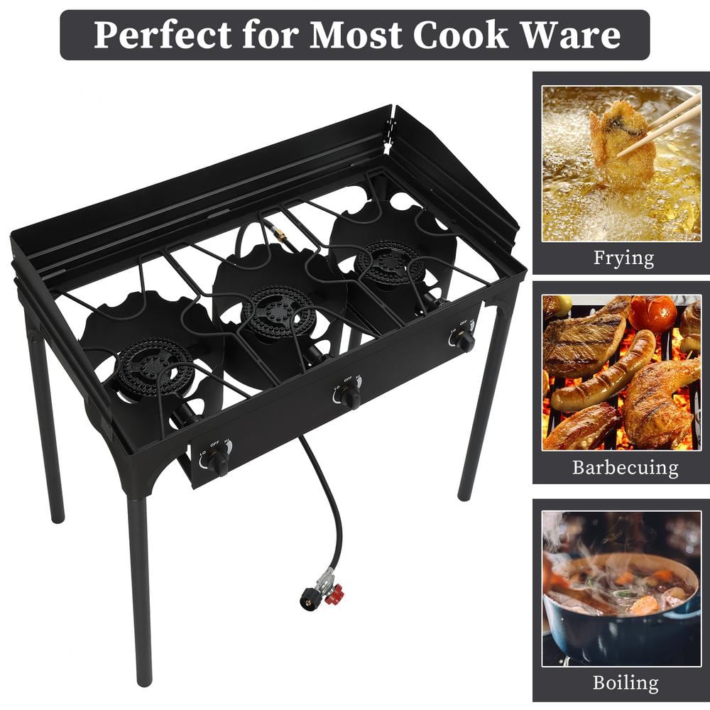 Portable Black 3-Burner Propane Gas Grill with Folding Shelves
