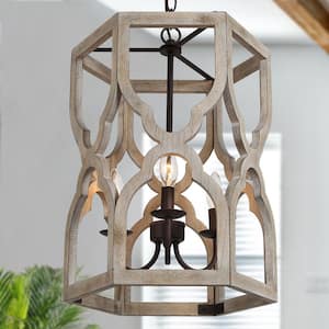 Farmhouse Rusty Bronze Candlestick Island Chandelier with Antique Gray Wood Cylinder Cage, Drum Pendant Lamp for Kitchen