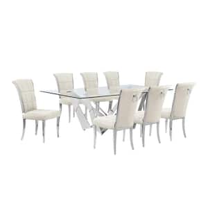 Meryl 9-Piece Rectangular Glass Top Stainless Steel Base Dining Set 8 Cream Velvet Chrome Iron Legs Chairs