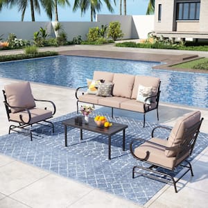 Black Metal 5 Seat 4-Piece Steel Outdoor Patio Conversation Set with Beige Cushions, Table with Stripe-Shaped Top