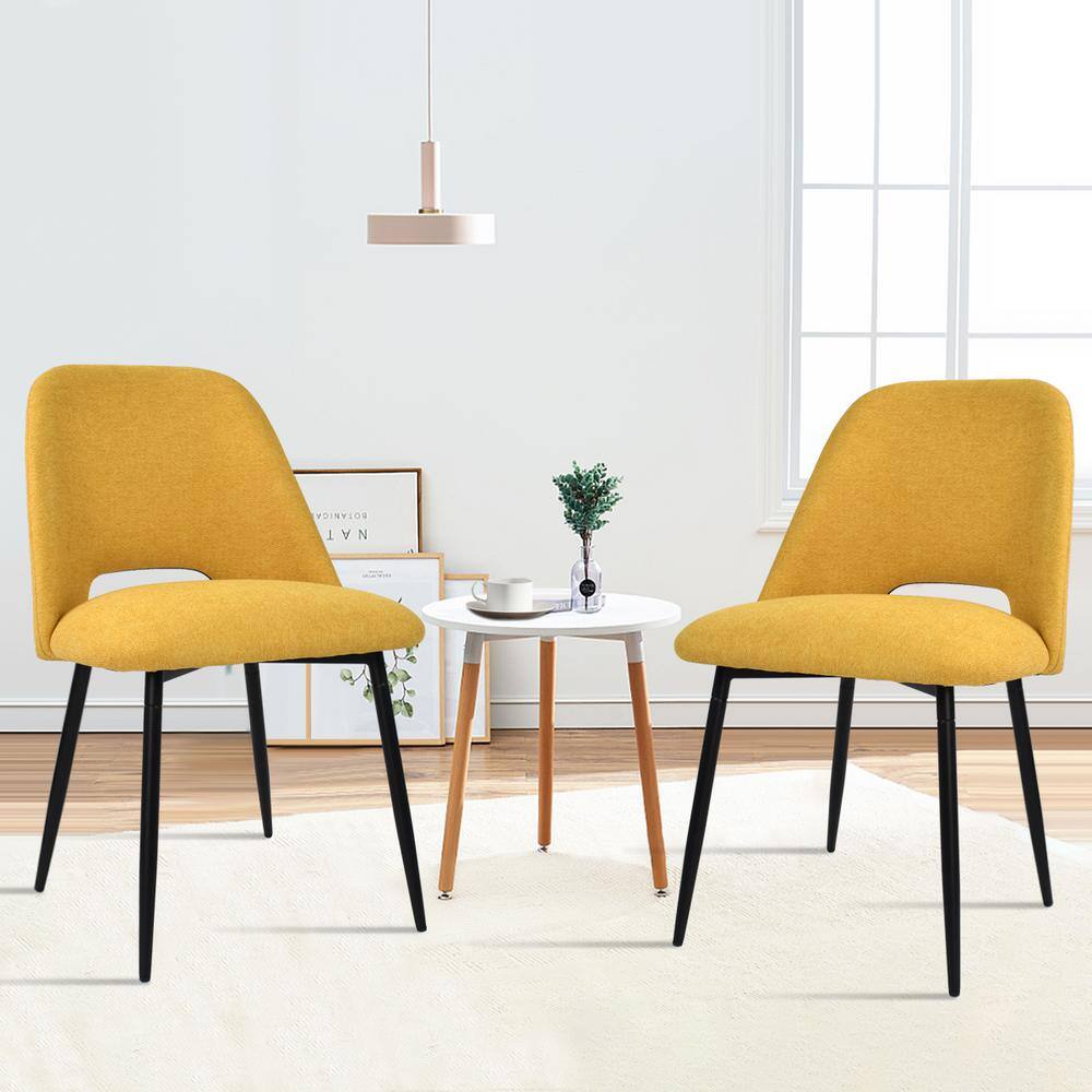 Yellow Upholstered Side Chair with Cutout Back and Black Legs