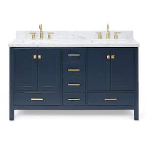 Cambridge 61 in. W x 22 in. D x 36 in. H Vanity in Midnight Blue with Carrara White Marble Top