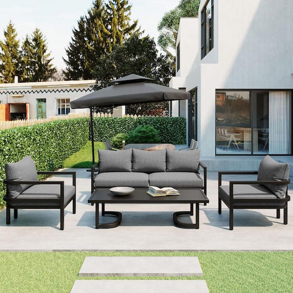 Phewnyzo 4-Piece Modern Curved Design Metal Outdoor Sectional Set, Waterproof, Anti-Rust and Anti-UV with Light Gray Cushions