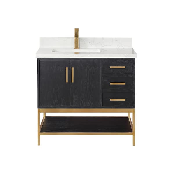 Altair Wildy 36 in. W x 22 in. D x 34 in. H Bath Vanity in Black Oak with Grain White Composite Stone Top