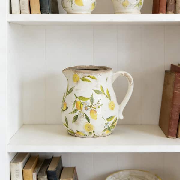 6 in. White Ceramic Pitcher Decorative Vase 1 PC with Yellow Lemon