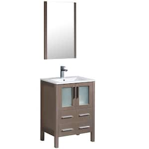 Torino 24 in. Vanity in Gray Oak with Ceramic Vanity Top in White with White Basin and Mirror (Faucet Not Included)