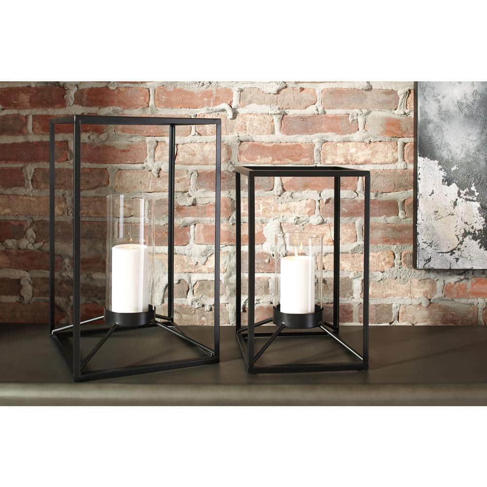 Modern Black Glass Tabletop Hurricane Lantern, 11" x 19"
