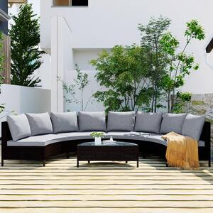 Brown 5-Pieces PE Rattan Wicker Conversation Set Sectional Set with Tempered Glass Table and Gray Cushions