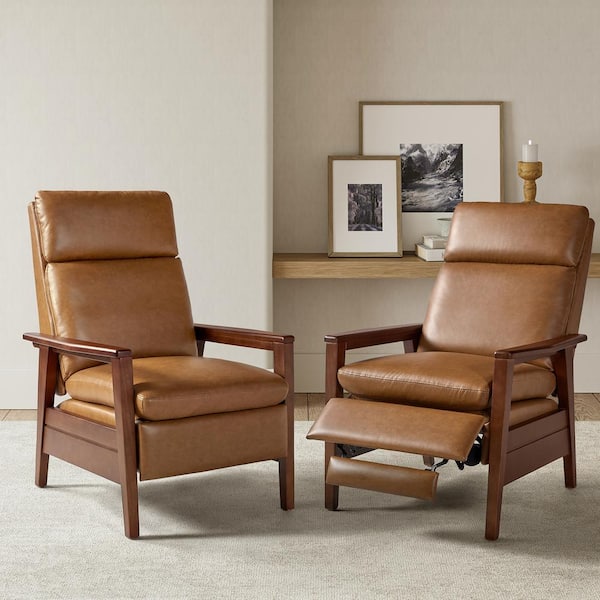 Paul Camel Mid-Century Modern Vegan Leather Upholstered Solid Wood Recliner Set of 2