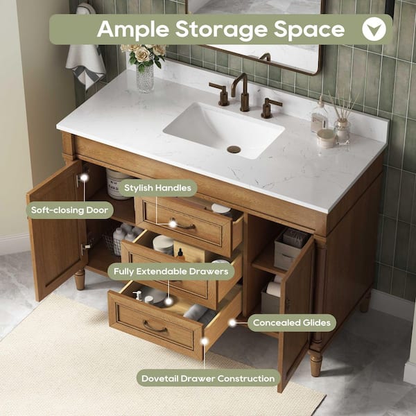 Aries 49 in. Single Sink Freestanding Brown Bath Vanity with Carrara White Engineered Stone Top and Backsplash Assembled