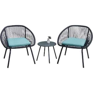Black Frame 3-Piece Metal Outdoor Bistro Table Set with Green Seat Cushion, Woven Rope Chairs