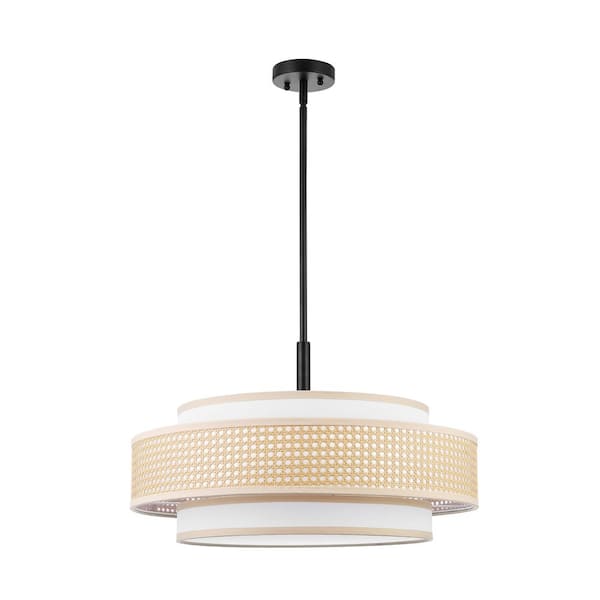 24 in. 5-Light Drum Chandelier with 2-Tier Woven Rattan and Fabric Shades