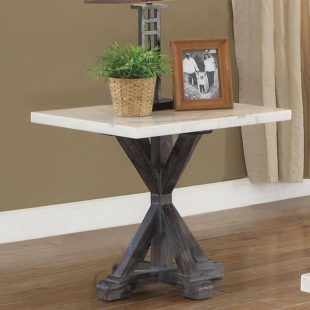 Romina Weathered Espresso Pine Wood & White Marble End Table