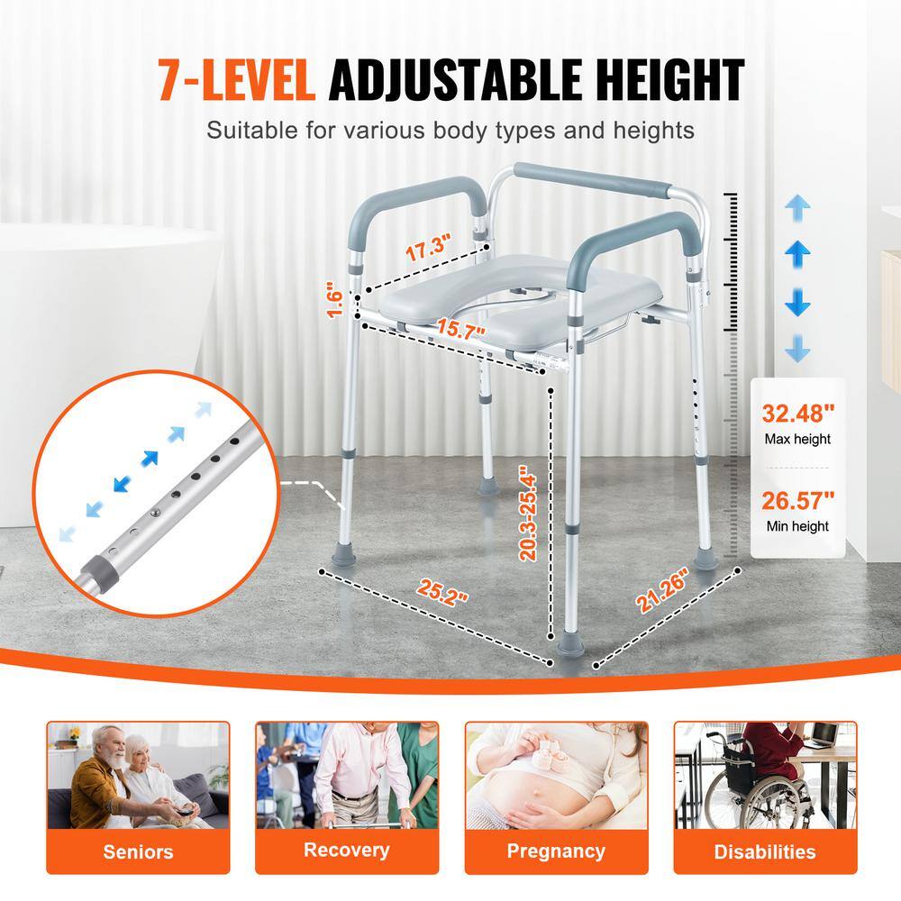 Adjustable Height Steel Bedside Commode Chair with Padded Seat