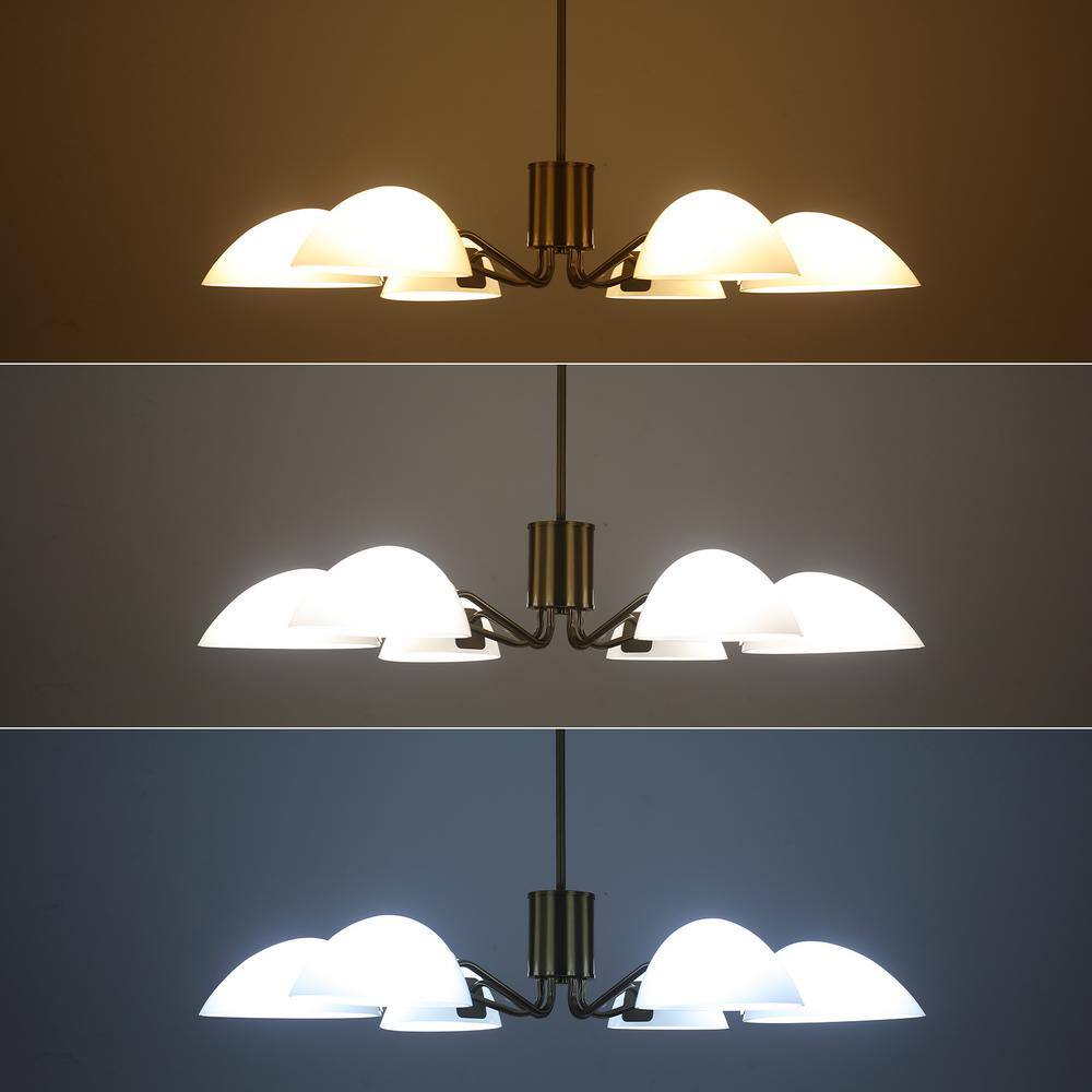 Modern Brass Chandelier with Milk Glass Shades, 6-Light