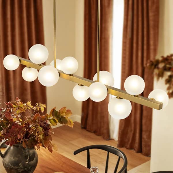 Croner 12-Light Brushed Gold Modern Linear Sputnik Chandelier with Frosted Opal Bubble Globe Glass Shade