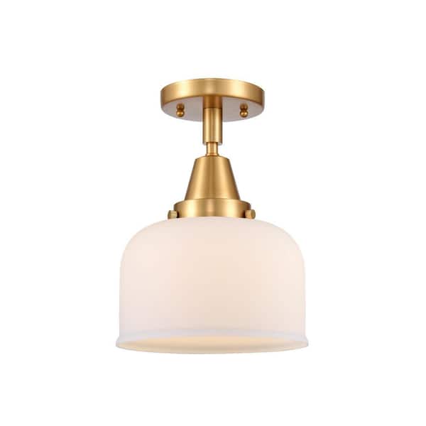 Bell 8 in. 1-Light Satin Gold Industrial Flush Mount with Seeded Glass Shade