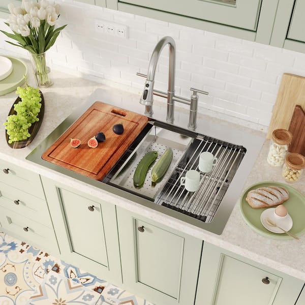 33 in. Drop-In Single Bowl 18-Gauge Stainless Steel Kitchen Sink with Bottom Grid, Cutting Board and Strainer Basket